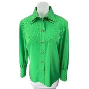 Louis Feraud Women's Green Quilted Long Sleeve Studded Button Down Shirt Top 6